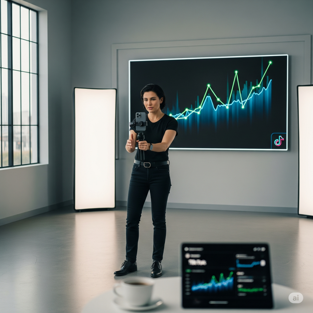 Creadora de contenido grabando un vídeo vertical en TikTok con su móvil en un estudio moderno. En el fondo, un gráfico muestra el crecimiento del video marketing.