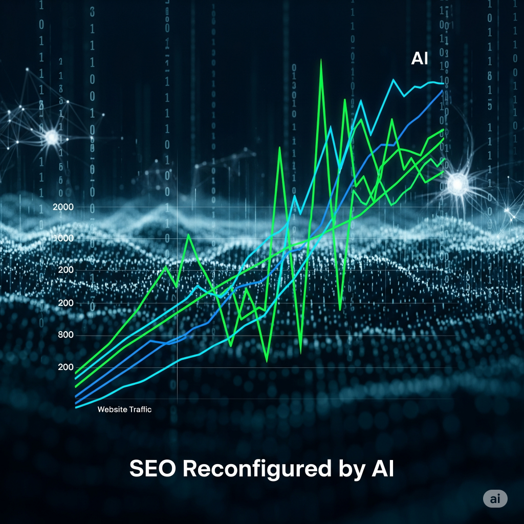 Gráfico digital que representa el tráfico web y la inteligencia artificial, con un fondo abstracto de códigos binarios, simbolizando la transformación del ecosistema digital.