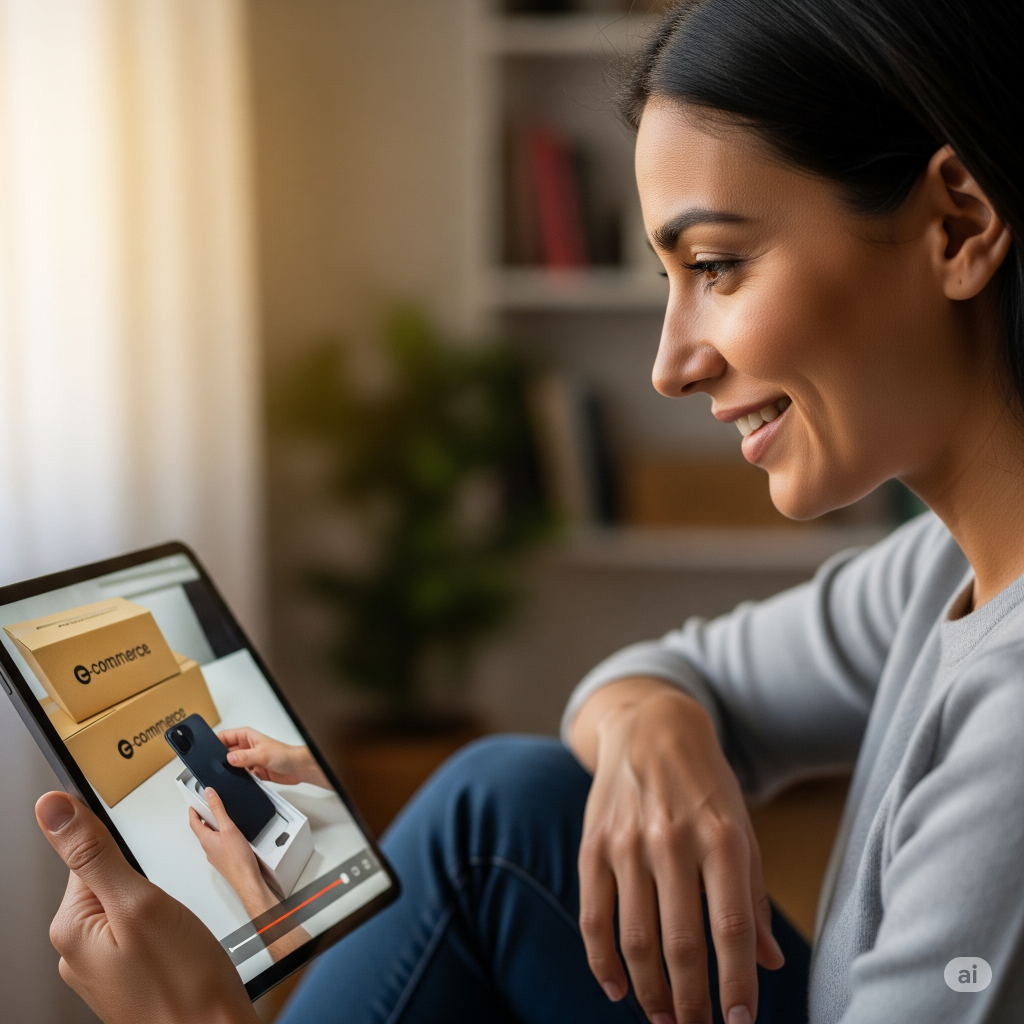 Una mujer sonriendo mientras ve un vídeo de demostración de un producto en su tablet, con cajas de envío de ecommerce en el fondo.