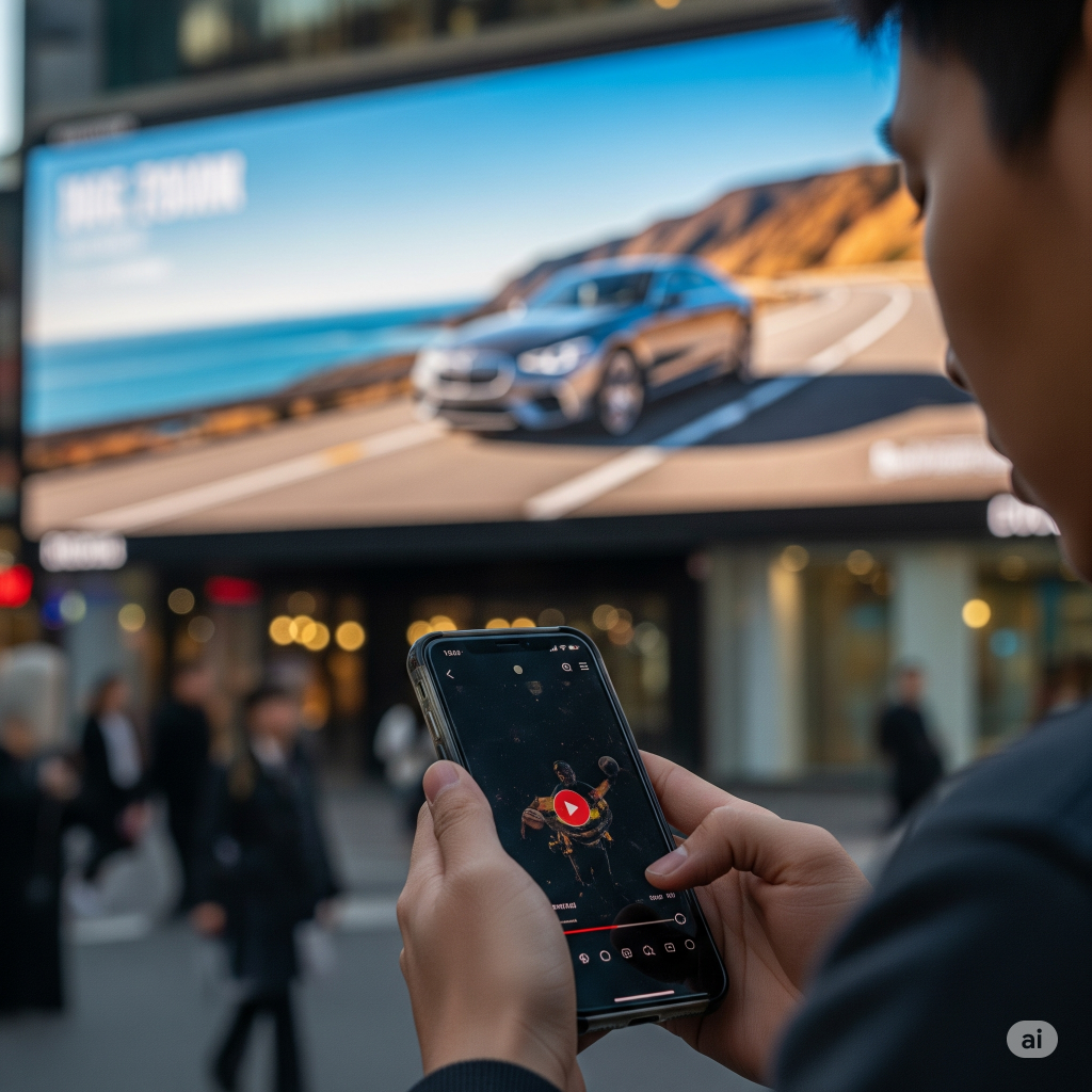 Persona en una calle viendo un vídeo vertical en su móvil, con una gran valla publicitaria tradicional desenfocada detrás.